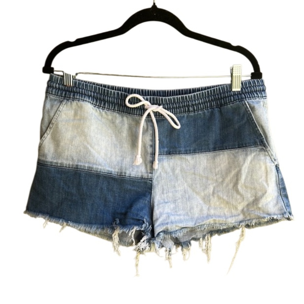 AERIE Denim Patchwork Raw Hem Drawstring Shorts Large